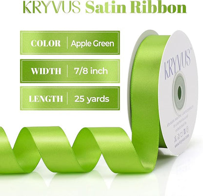 Apple Green Satin Ribbon, Double Faced 7/8 Inch X 25 Yards Apple Green Ribbon, Premium Satin Ribbon for Gift Wrapping, Crafts, Hair Bow Making, Sewing, Flower Bouquet, Wedding Party Decor