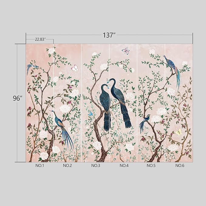 Pink Chinese Style Flowers Birds Wallpaper Peel and Stick Wall Mural for Bedroom Living Room - 96"x137"