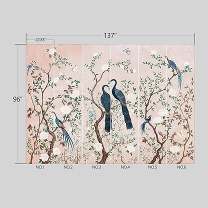 Pink Chinese Style Flowers Birds Wallpaper Peel and Stick Wall Mural for Bedroom Living Room - 96"x137"