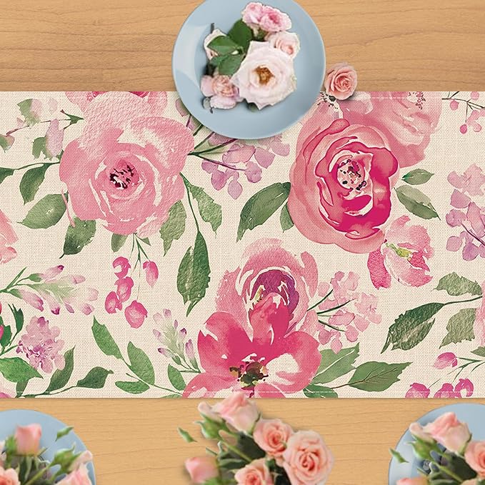 Seliem Spring Summer Watercolor Flower Table Runner, Pink Peony Floral Kitchen Dining Table Decor, Seasonal Burlap Home Decoration Indoor Outdoor Party Supply 13 x 108 Inches