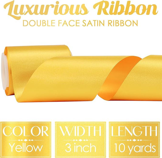 MEEDEE Yellow Satin 3 Inch Ribbon Lux Double Faced Satin Ribbon Wide Fall Autumn Colored Ribbons by 10 Yards Yellow Ribbons for Christmas Tree, Weddings, Flower Bouquet, Wreath Bow Making