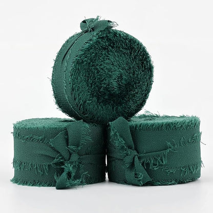 MEEDEE Dark Green Chiffon Ribbon 1 Inch Green Frayed Ribbons Green Chiffon Silk Hunter Green Ribbon Thin Chiffon Ribbons for Crafts, Gift Wrapping, Wedding Invitation (3 Rolls 21 Yards)