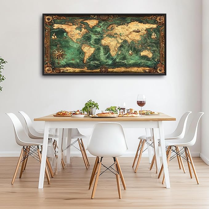 Vintage World Map Large Wall Art Nautical Framed Wall Decor for Living Room, Map Pictures Oversized Canvas Print Painting Modern Extra Large Framed Artwork for Bedroom Office Home Decor 60"x30"