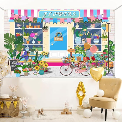 HANYING Cartoon Flowers Shop Backdrop Girl Birthday Baby Shower Party Decor Floral Pot Plants Gardening Tools Photography Background Gifts Florists Booth Banner Photo Booth Studio Props 7x5ft DX02YD