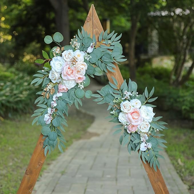 Artificial Blush Pink Wedding Arch Flower Swags Set of 2 for Welcome Signs and Ceremony Decorations, Champagne Gold Wedding Flowers
