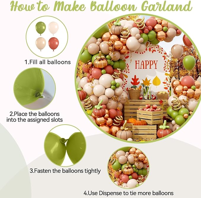 Fall Balloon Garland Arch Kit, Burnt Orange Green Sand Ivory White Metallic Champagne Gold Balloons Garland kit for Thanksgiving Autumn Fall Birthday Baby Shower Party Decorations