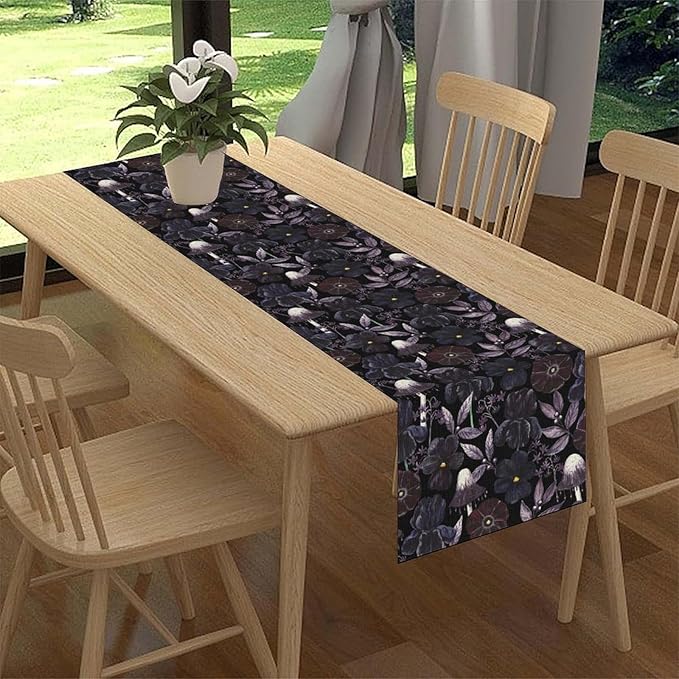 Gothic Floral Table Runner, Dark Purple Vintage Garden Flower Witchy Mushroom Farmhouse Coffee Table Center Decor for Home Kitchen Dining Patio Holiday Party Table Decorations 13x72 inches