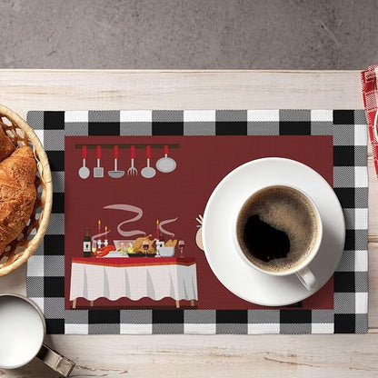 Chef Kitchen Linen Placemats Set of 6 Black White Buffalo Plaid Cooking Theme Placemats for Indoor Outdoor Party Home Desktop Dining Room Decor 12x18 Inch