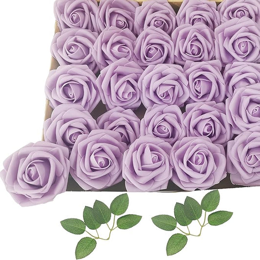 Artificial Rose Flowers 25pcs, Purple Foam Fake Rose Faux Flower for Wedding Bouquets Bridal Shower Centerpieces Floral Arrangements Home Decorations Party Backdrops Table