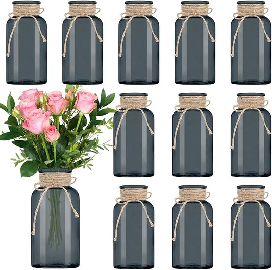 Vintage Glass Flower Vase，12 Pack Farmhouse Black Glass Centerpiece Vases Mason Jars for Halloween Weddings, Parties & Home Decor Bulk (12, Black)