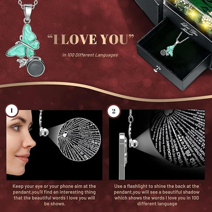 DRTINA Preserved Green Real Rose with I Love You Butterfly Necklace-Eternal Flowers Rose Birthday Gifts for Women Wife Mom Girlfriend Grandma on Mothers Day Valentines Anniversary Christmas Romantic
