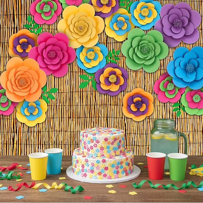 Frienda 36 Pcs DIY Paper Flower Decor Set with 83x59 Inch Custom Background Cloth and Rope, Artificial 3D Flower Wall Decor for Wall Bulletin Board Wedding Halloween Mexican Festive Party (Reed)