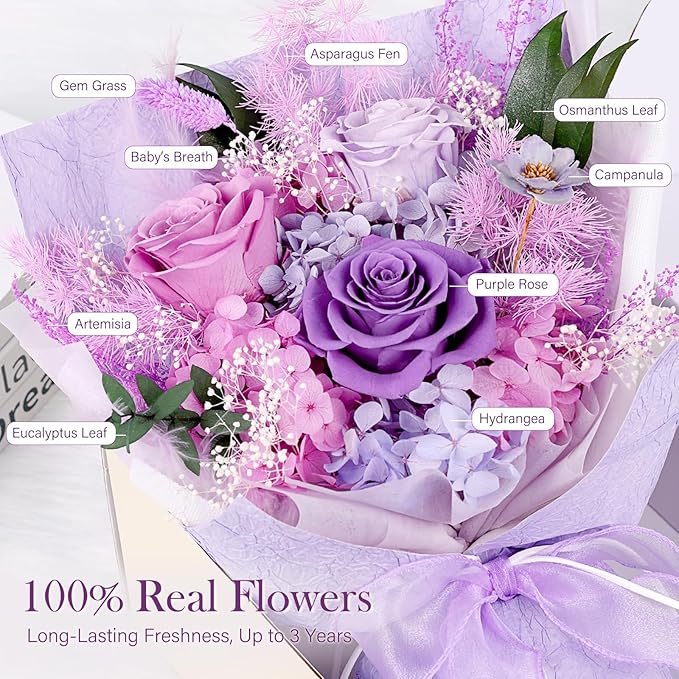 Preserved Bouquet of Flowers - 3 Roses & Flowers for Delivery, Long-Lasting Real Lavender Forever Flowers, Eternal Roses Bouquet for Mothers, Mom, Wife Anniversary Birthday Gifts for Women