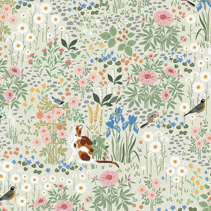 Heroad Floral Peel and Stick Wallpaper Light Green Wallpaper Boho French Country Contact Paper Cat Birds Removable Self-Adhesive Wall Paper for Bedroom Kitchen Cabinets Decoration Vinyl 17.3”x78.7”