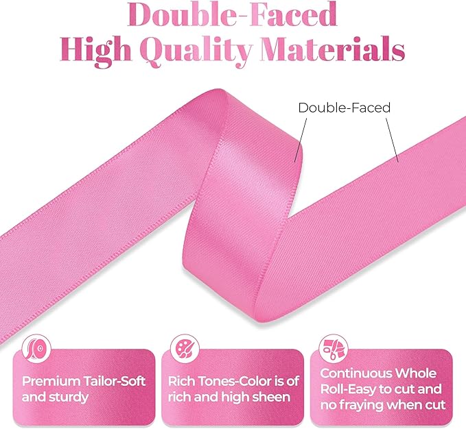 Hot Pink Satin Ribbon, Double Faced 7/8 Inch X 50 Yards Hot Pink Ribbon, Premium Satin Ribbons for Gift Wrapping, Crafts, Hair Bow Making, Sewing, Flower Bouquet, Wedding Party Decor