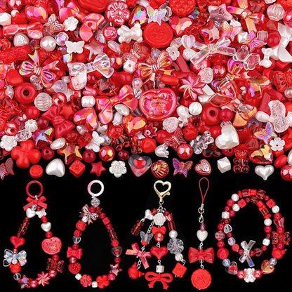 Assorted 200-260PCS Red Acrylic Beads for Bracelet Making, Flower Bow Candy GummyBear Bracelet Charms,Cute Beads for Jewelry Making DIY Necklace Keychain Phone Charm Christmas Gift