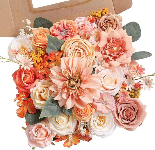 Artificial Flowers Box Set Real Looking Orange Silk Fake Flowers Combo with Stems for DIY Wedding Bouquets Bridal Shower Centerpieces Party Decorations(Orange Pink)