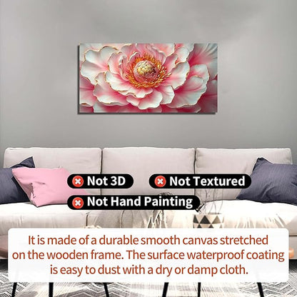 Pink & White Peony Floral Canvas Wall Art with Gold Accents, Abstract Flower Pictures for Living Room Bedroom Wall Decor, Horizontal Printed Painting Artwork Home Decorations, Size 48x24 Inches