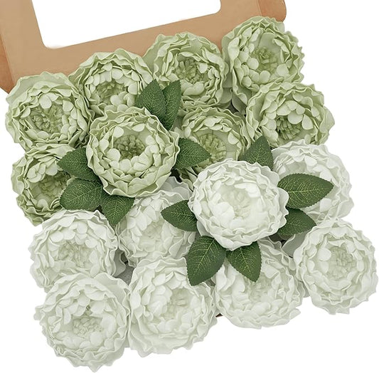 Artificial Flowers, 16pcs Artificial Roses for DIY Wedding Bouquets Centerpieces Arrangements, Sage Green Peonies Flowers with Stem for Bridal Shower Party Home Decorations