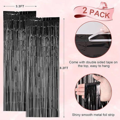 2 Pack Laser Black Foil Fringe Backdrop Curtains, Tinsel Streamers Birthday Party Decorations, Fringe Backdrop for Graduation, Baby Shower, Gender Reveal, Disco Party