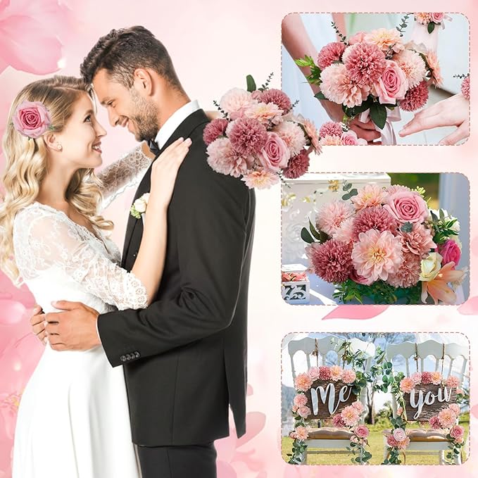 98 Pcs Assorted Faux Flowers Heads with Stem Eucalyptus Leaves Silk Artificial Flowers Bouquet Floral Table Centerpieces for DIY Wedding Party Wreath Home Decoration(Pink,Delicate Style)