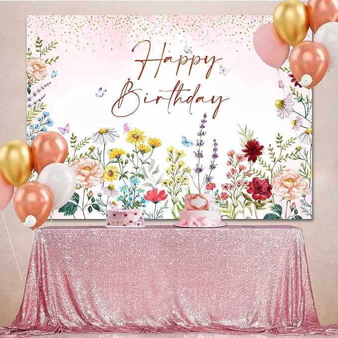Wildflower Happy Birthday Backdrop Banner Girls Floral Birthday Decorations,Spring Watercolor Wild Flower Bday Background Women Girls Wildflower Themed 1st Birthday Party Decor Photo Booth Props 7x5ft