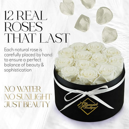 GLAMOUR BOUTIQUE Flowers Forever Gift Box 12 Real Preserved Roses in a Velvet Black Box, Birthday Gift for Her Mom and Wife, Mothers Day, Anniversary, Graduation - White