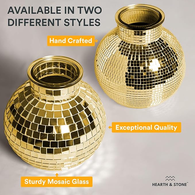 Disco Ball Planter | 7” Disco Ball Vase for Flowers & Plants | Handmade Gold Color Square Large Mirrors Center Piece | for Indoor & Outdoor Decor | Disco Ball Plant Holder Gold