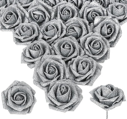 Glitter Silver Roses Artificial Flowers 30pcs Silver Flowers Artificial Roses with Stems Glitter Roses for Wedding Corsage Floral Bridal Shower Centerpieces Table Decor