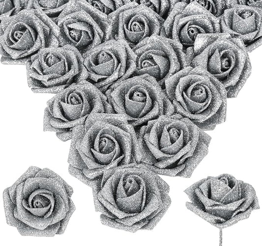 Glitter Silver Roses Artificial Flowers 30pcs Silver Flowers Artificial Roses with Stems Glitter Roses for Wedding Corsage Floral Bridal Shower Centerpieces Table Decor