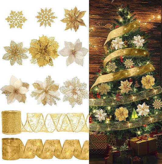 RECUTMS 72 Pcs Poinsettia with Snowflakes & Ribbon, 9 Designs Glitter Gold Artificial Christmas Flowers for Xmas Tree & Wedding Wreath Decor(Gold)