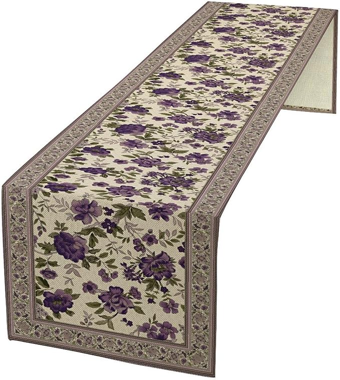 Vintage Floral Table Runner, Elegant Purple Flowers Retro Design Table Runner for Kitchen Dining Holiday Party Decoration, 13x36 Inch