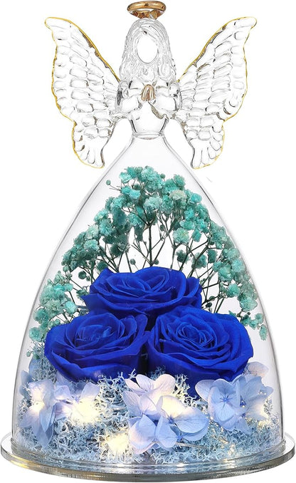 Christmas Rose Gifts for Women Preserved Real Flower in Glass Angel Figurines Roses for Delivery Prime Birthday Gifts for Mom Grandma Girlfriend Wife Her, Dark Blue