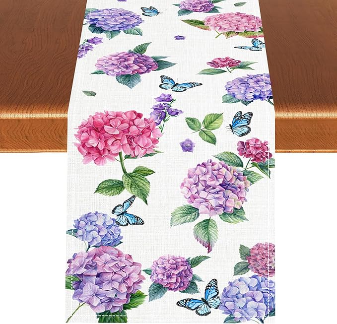 Hydrangea Table Runner, Spring Summer Watercolor Purple Floral Seasonal Country Farmhouse Coffee Coffee Table Center Decor for Home Kitchen Dining Patio Holiday Party Table Decorations 13x72 inches