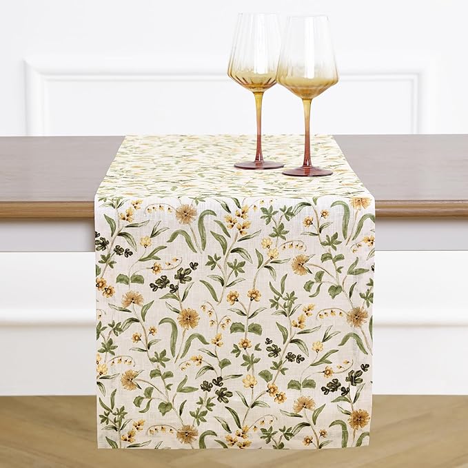 Solino Home 100% Pure Linen Table Runner 90 Inches Long - Multicolor Floral Print Table Runner 14 x 90 Inch - Handcrafted and Machine Washable - Fall Botanical Print