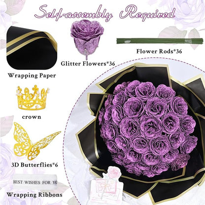 Waipfaru Glitter Roses Bouquet, DIY Lilac Fake Flowers Bouquet, Birthday Gifts for Women Mom, 36 Pcs Rose for Grandma Wife Girlfriend Valentines, Mothers Day, Anniversary, Graduation