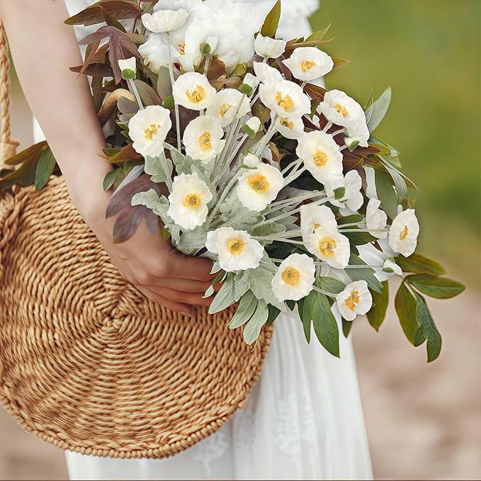 White Poppy Flowers Artificial,8PCS Fake Poppies 22.8" Realistic Silk Flowers with Stems for Wedding Party Table Centerpiece Home Decor(White)