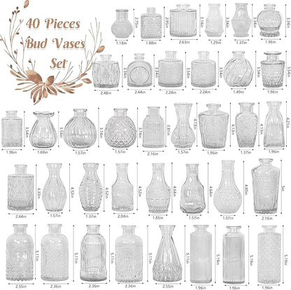 Set of 40 Glass Bud Vases, Small Clear Glass Vases in Bulk, Mini Vintage Embossed Flower Vase for Wedding, Centerpieces, Birthday Party, Baby Shower, Home Table Decorations (Clear)