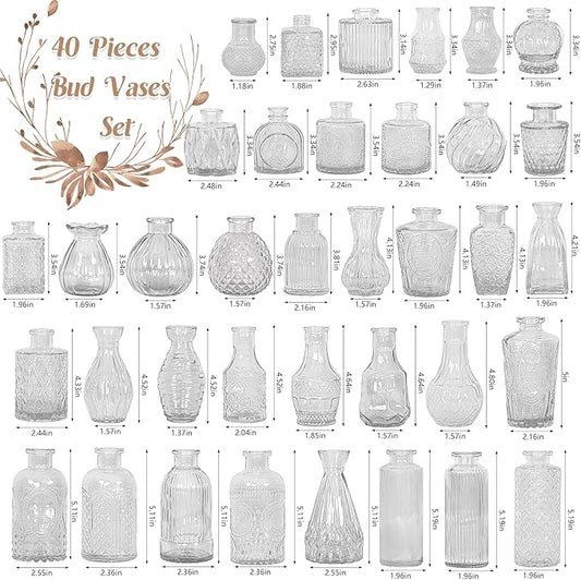 Set of 40 Glass Bud Vases, Small Clear Glass Vases in Bulk, Mini Vintage Embossed Flower Vase for Wedding, Centerpieces, Birthday Party, Baby Shower, Home Table Decorations (Clear)