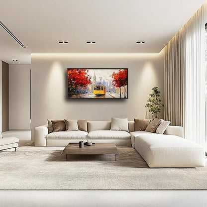 Large Cityscape Wall Art for Living Room, Framed Oversized Urban Tram Wall Decor Tree Landscape Canvas Painting Modern Artwork for Living Room Bathroom Bedroom Office Dining Room 60"x30"