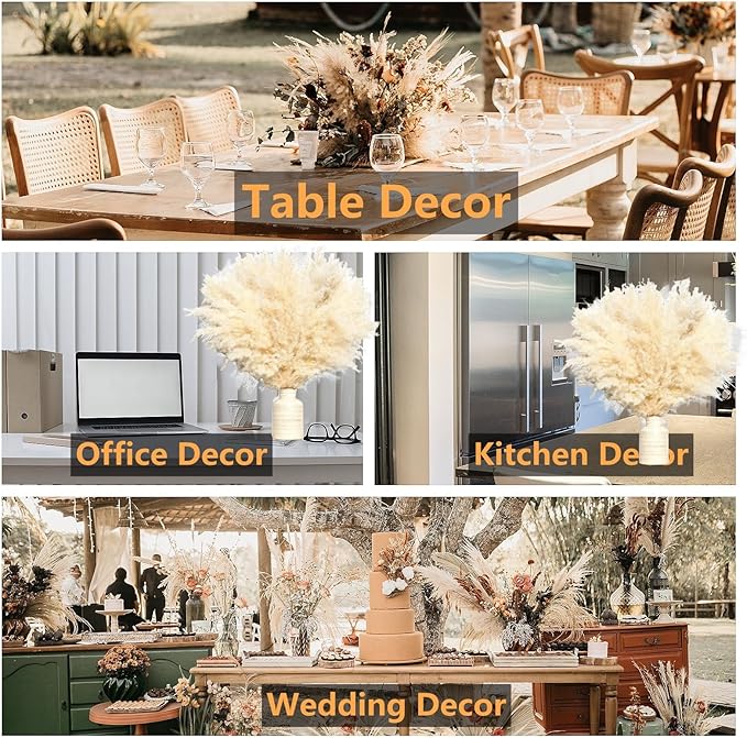 10 PCS Beige Pampas Grass Decor, Naturally Dried Pompas, Bunny Tails Dried Flowers, and Dried Eucalyptus. Perfect for Weddings, Boho Party Decorations, and Table Decor(17inch)