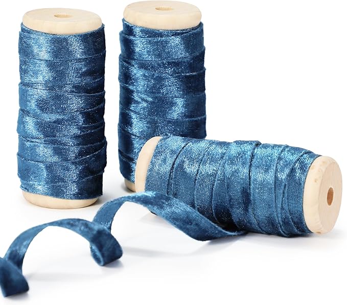 Velvet Blue Ribbon Double-Sided Handmade Glossy Fabric Trim Wooden Spool Thin Ribbons for Christmas Tree Gift Wrapping Crafts Wedding Flower Bouquet 3/8 inch x 5YD 3 Rolls