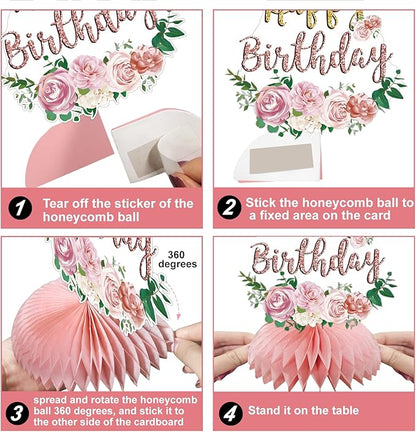 Pink Rose Gold Birthday Decorations Floral Honeycomb Centerpieces for Women Girls, 8pcs Floral Birthday Table Centerpiece Party Supplies, 16th 18th 21th 30th 40th 50th 60th Bday Table Topper