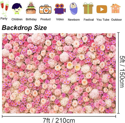 Pink Flower Wall Backdrop 7x5ft Elegant Floral Photography Background Banner for Wedding, Bridal Shower, Baby Shower Girl, Birthday Party, Engagement & Photo Booth Decor