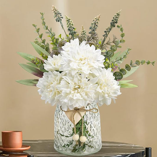 Der Rose Fake Flowers in Vase Silk Artificial White Flowers Arrangements with Glass Vase for Dinning Coffee Table Centerpieces Home Kitchen Farmhouse Wedding Decor