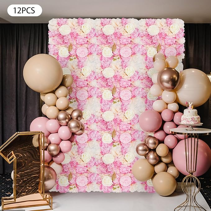 Artificial Flower Wall Panels, Silk Wedding Flower Wall Backdrop Panel, 3D Floral Panel Artificial Floral Wall Mat Flower Screen for Photo Party Wedding Wall Background Decor (12PCS Pink+White)