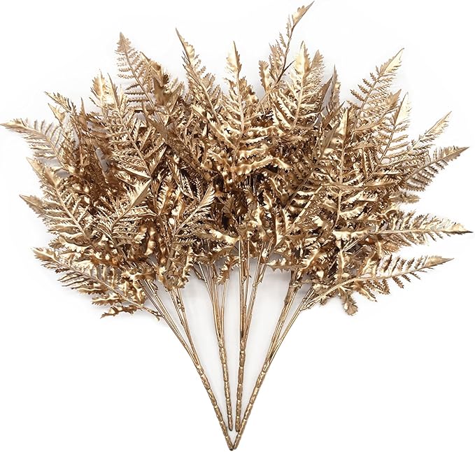 PASYOU Golden Fake Plants, Artificial Flowers Decoration for Christmas Plastic Boston Grass Faux DIY Crafts Indoor Outdoor Home Garden Party Room Bedroom Wedding Table Centerpiece Decor, Gold 4 Pack