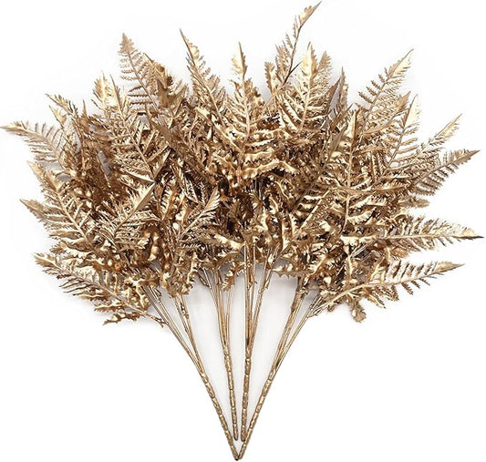 PASYOU Golden Fake Plants, Artificial Flowers Decoration for Christmas Plastic Boston Grass Faux DIY Crafts Indoor Outdoor Home Garden Party Room Bedroom Wedding Table Centerpiece Decor, Gold 4 Pack