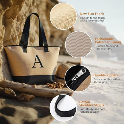 KALIDI Woven Tote Bag for Women, Lightweigh Monogram Beach Bag with Zipper & Sand-Proof Canvas Base, Personalized Gift
