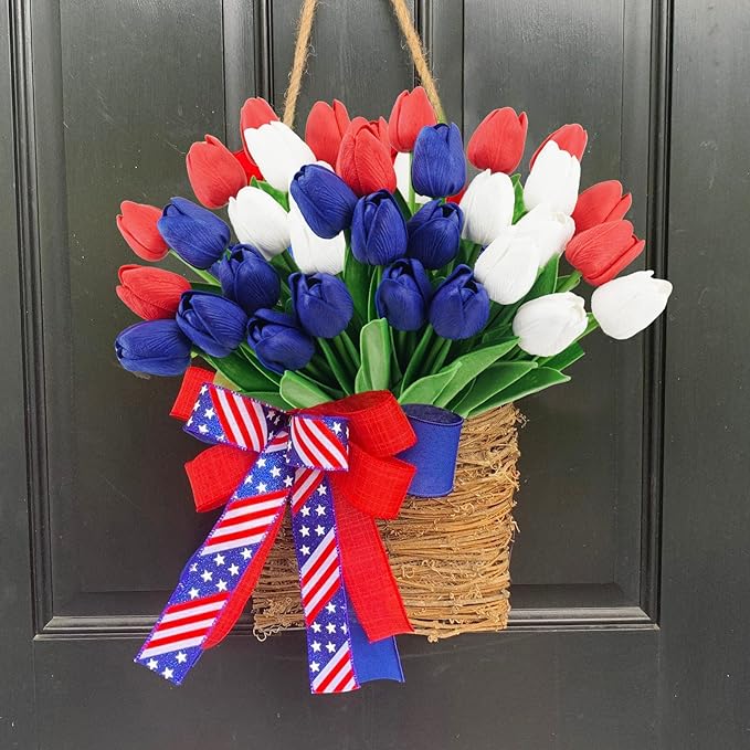 18 Pcs Real Touch Tulips Artificial Flowers, Patriotic Flower for 4th of of July Decoration Cemetery Flowers for Grave Vase Memorial Day Independence Day Decor